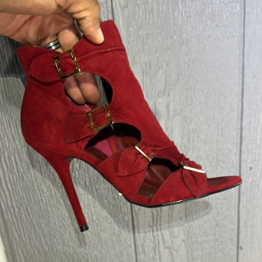 Hand Crafted Red Suede Lace-Up Heels